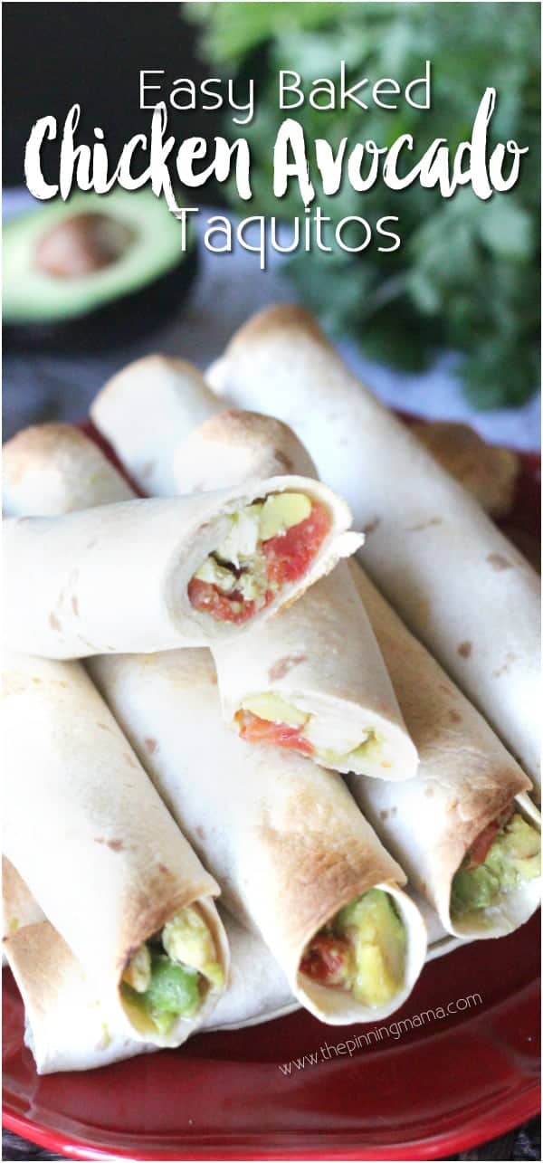 The perfect party food! Easy Baked Chicken and Avocado Taquitos! This recipe is so quick and easy to put together and serves a crowd. Not to mention it is delicious!