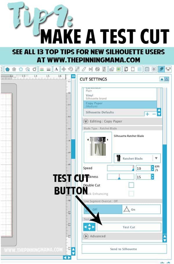 Tip 9: How to make a test cut to make sure your cut settings are perfect. This helps you not waste any precious vinyl or cardstock because you know you have the cut settings perfect. Read this tip and all 13 MUST KNOW Tips for New Silhouette Users here. This is an AMAZING beginner resource!