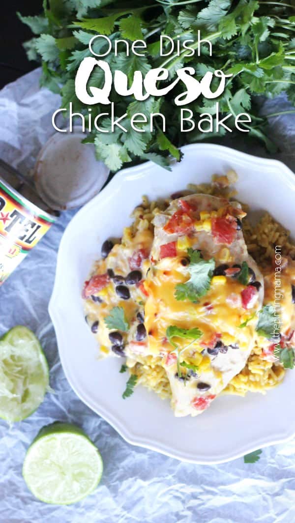 5 ingredients + 1 Pan = Easy dinner everyone will love! Easy queso chicken bake. Rotel and velveeta over chicken breast with corn, black beans. Seriously what's not to love?!