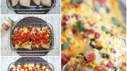 One Dish QUESO Chicken Bake recipe - This easy chicken dinner can be prepped and in the oven in 5 minutes flat. And we LOVE Ro-tel cheese dip!
