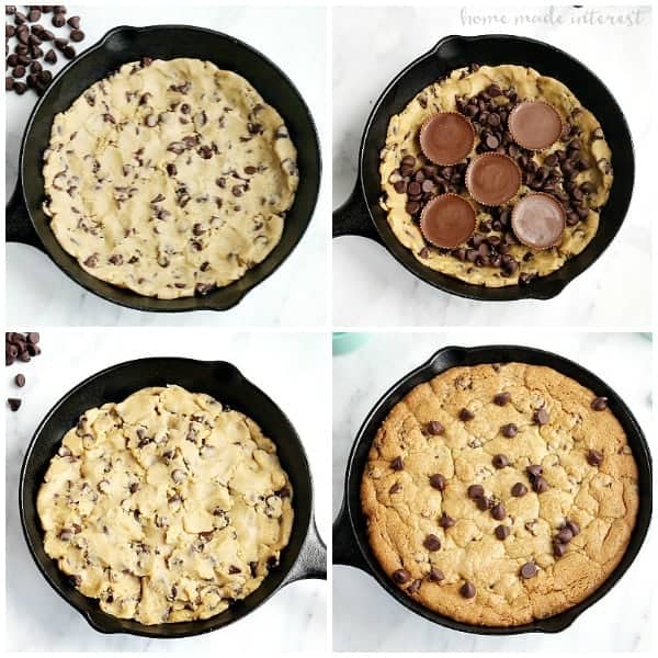 This Peanut butter cup cookie skillet is super easy to make and it is a dessert your whole family will love. Chocolate Chip cookie dough, peanut butter cups, and chocolate chips are melted together in a mini skillet for a dessert made for two.