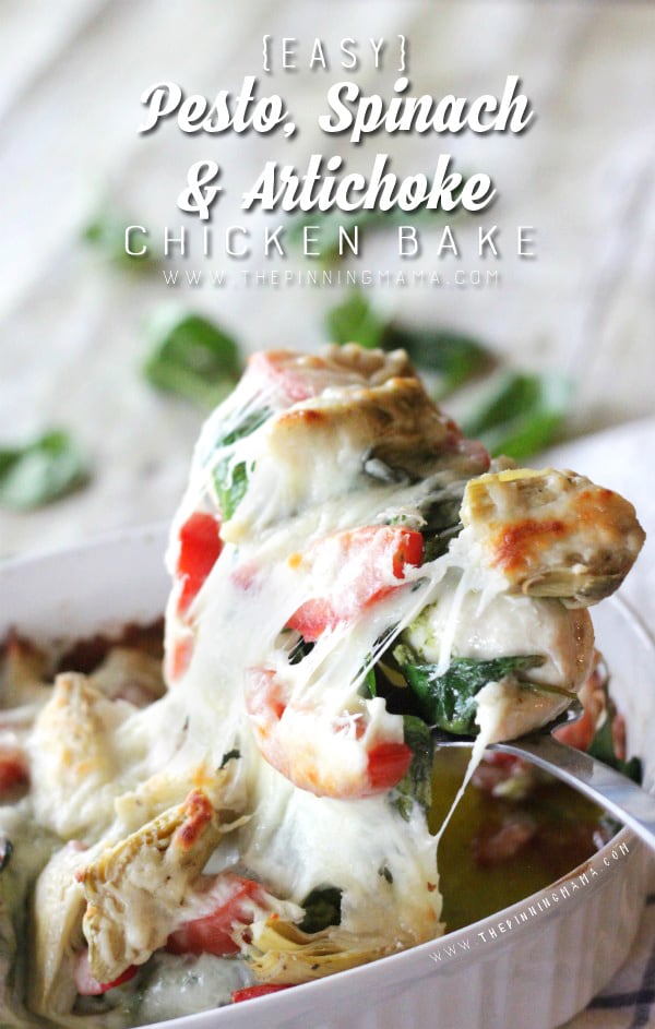 Easy Chicken Dinner Recipe - This pesto spinach and artichoke chicken bake will not disappoint! So delicious and so easy to make!