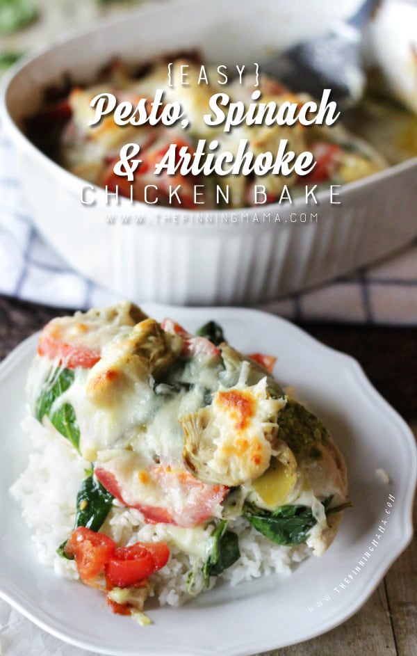 Healthy dinner idea- Easy Spinach Artichoke Pesto Chicken Bake Recipe. This only takes about 10 minutes to make and everyone raves about how good it is!!