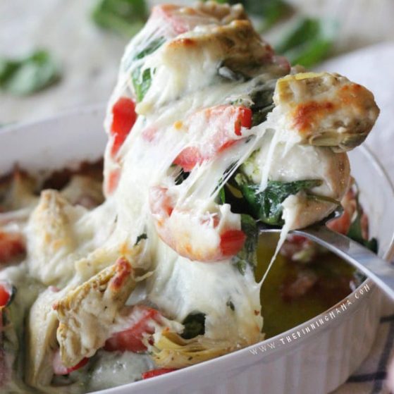 The BEST! This easy pesto spinach & artichoke chicken bake has all of my favorite flavors and you can get it prepped in just minutes!
