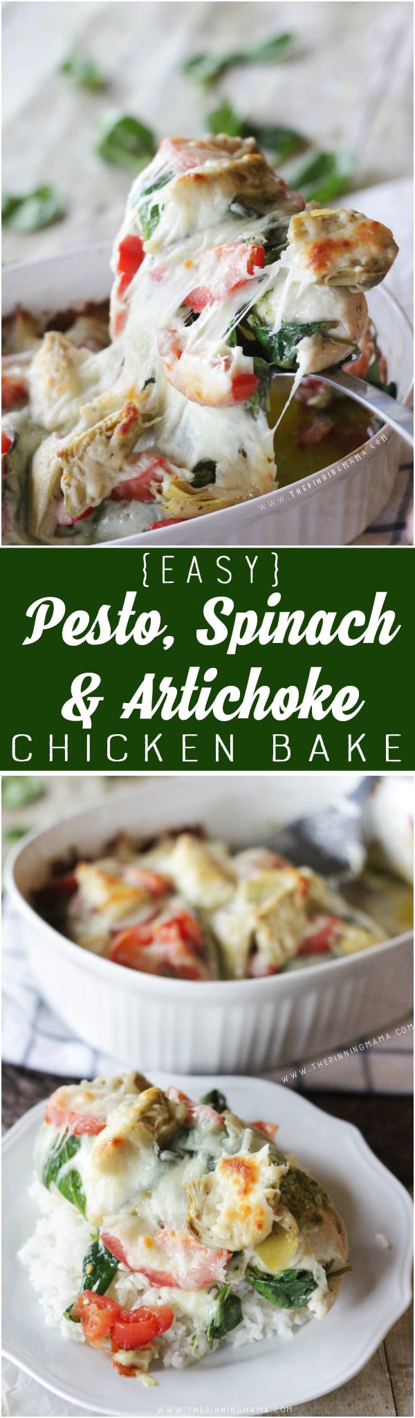 Easy + Healthy + Delicious = Dinner Trifecta! Easy Pesto Spinach Artichoke Chicken Bake. Who knew delicious was so easy!