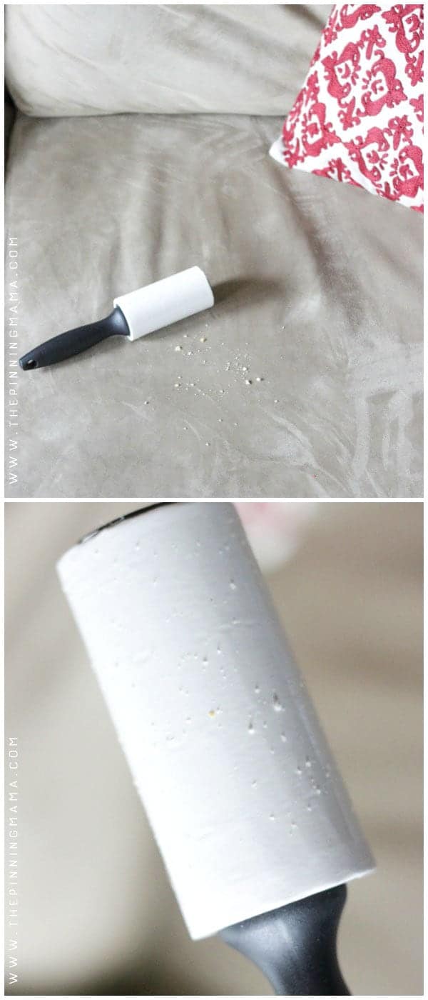 Use a sticky lint brush to clean up crumbs, pet hair, or small messes from couch cushions. Tuck it behind cushions so it is always close by! - See 10+ MORE Cleaning tips, tricks and hacks for people that HATE to clean here!!