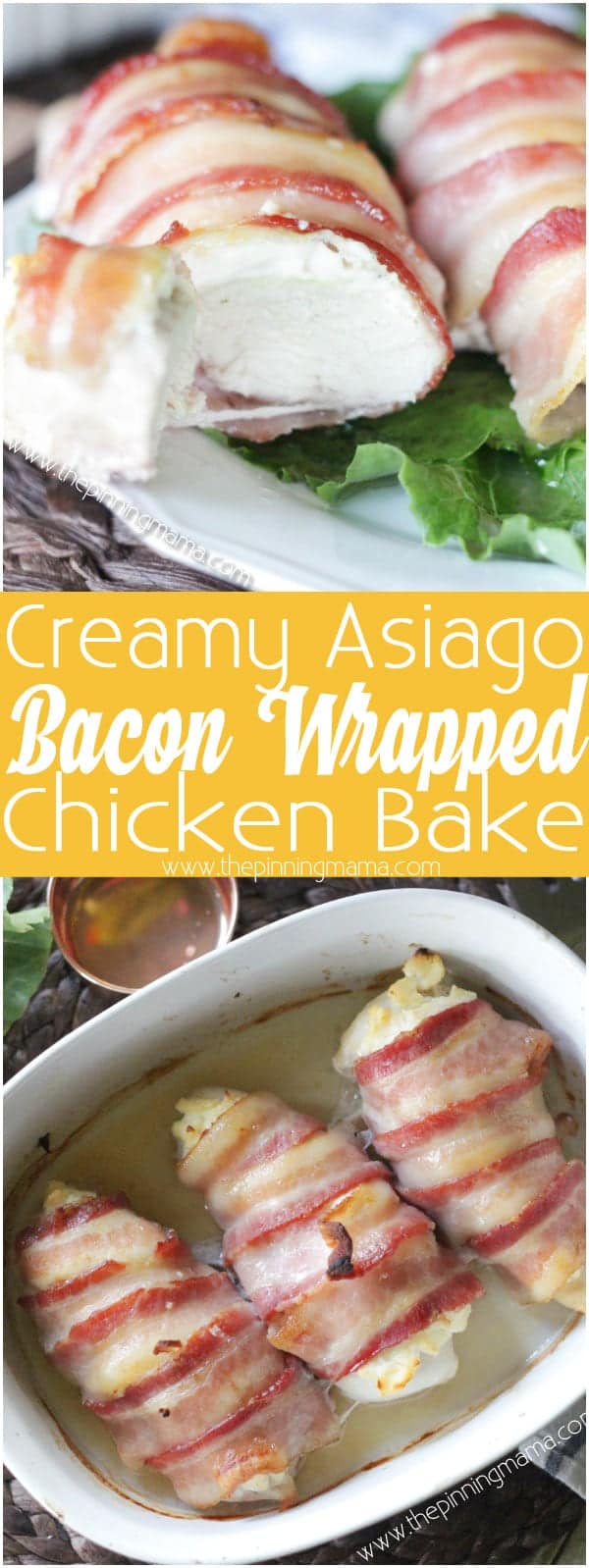 Bacon Wrapped Creamy Asiago Chicken Bake - Flavors of creamy asiago cheese and juicy chicken breast wrapped up in bacon. Does it get any better than this?! YUM!
