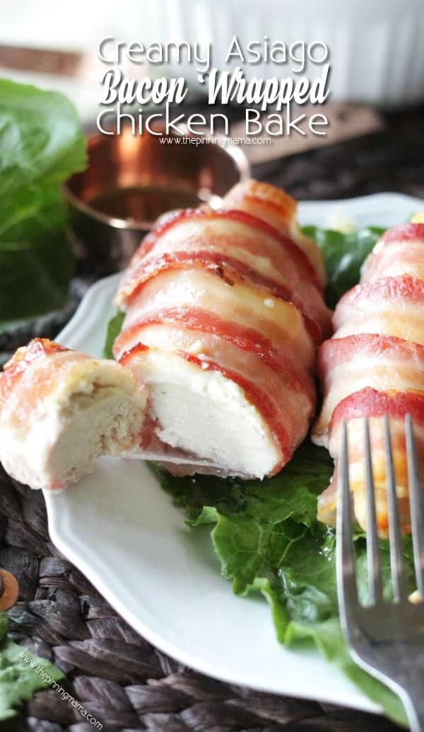 Easy + Crazy Delicious = Best Dinner Recipe EVER! This one is a winner! You won't believe how easy it is to make this bacon wrapped creamy asiago chicken dinner!