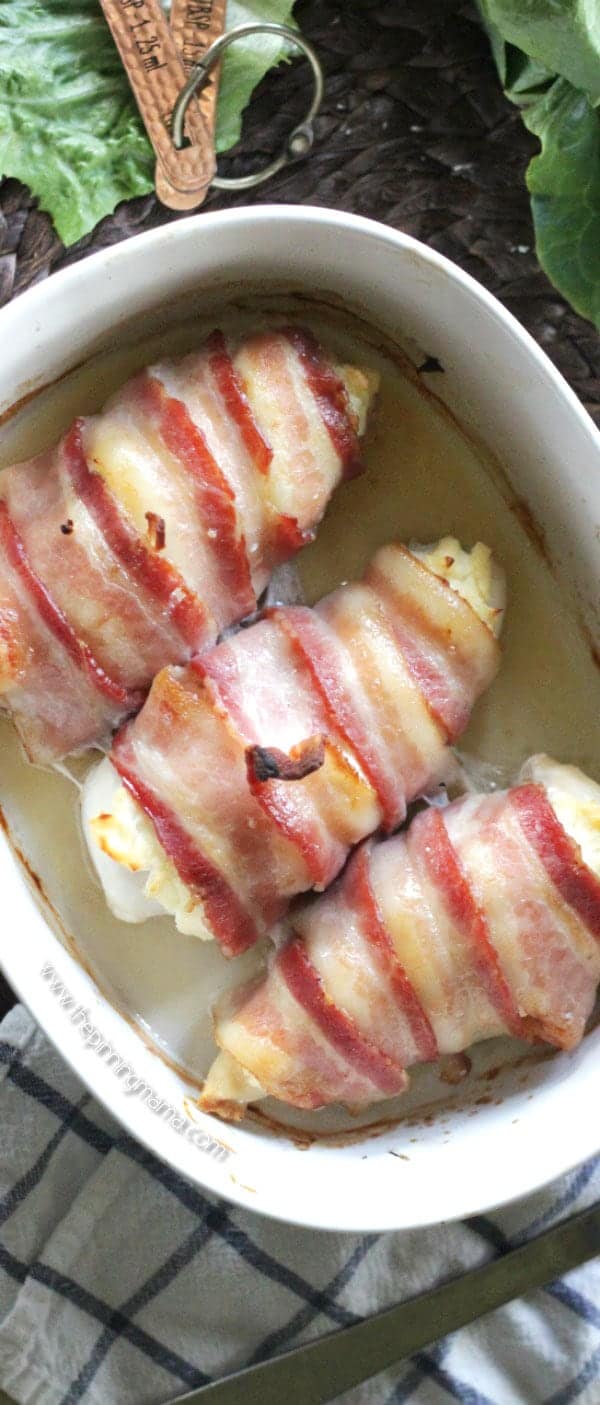 Bacon Wrapped Chicken with creamy asiago cheese - YES! This looks fancy but is such an easy chicken dinner recipe!