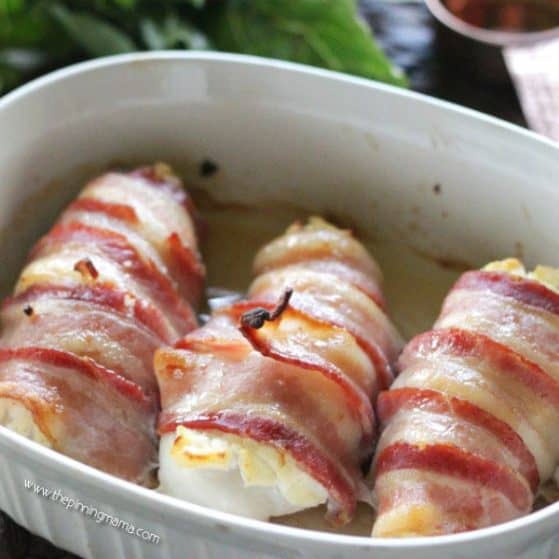Bacon Wrapped Chicken with creamy asiago cheese - YES! This looks fancy but is such an easy chicken dinner recipe!