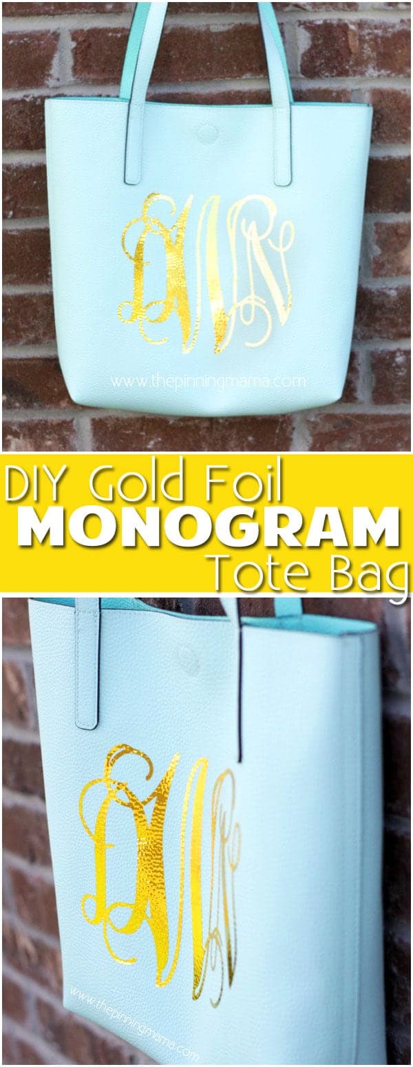 Easy DIY Gold Foil Monogrammed Tote bag! Perfect simple craft project that you can use everyday! Make this with your Silhouette CAMEO or Cricut!