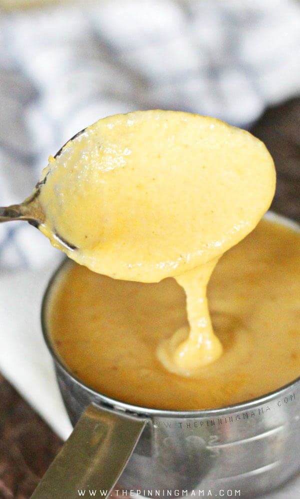Super delicious homemade garlic cheddar cheese sauce- You probably have all of these ingredients on hand for the recipe! My kids will eat anything when I put this sauce on top!