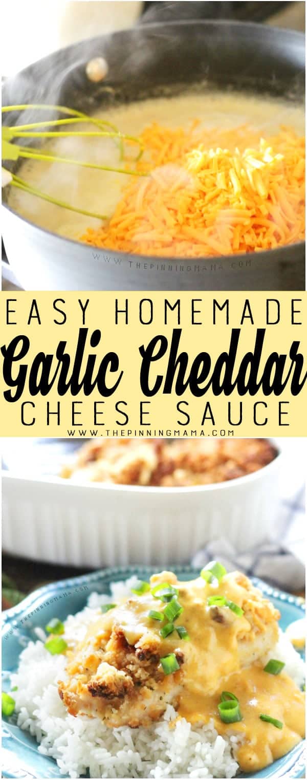 Easy Homemade Garlic Cheddar Cheese Sauce - This is easier than you might think to make and so good to put on top of chicken or broccoli! Only a few ingredients you already have on hand are used to whip this up quick!