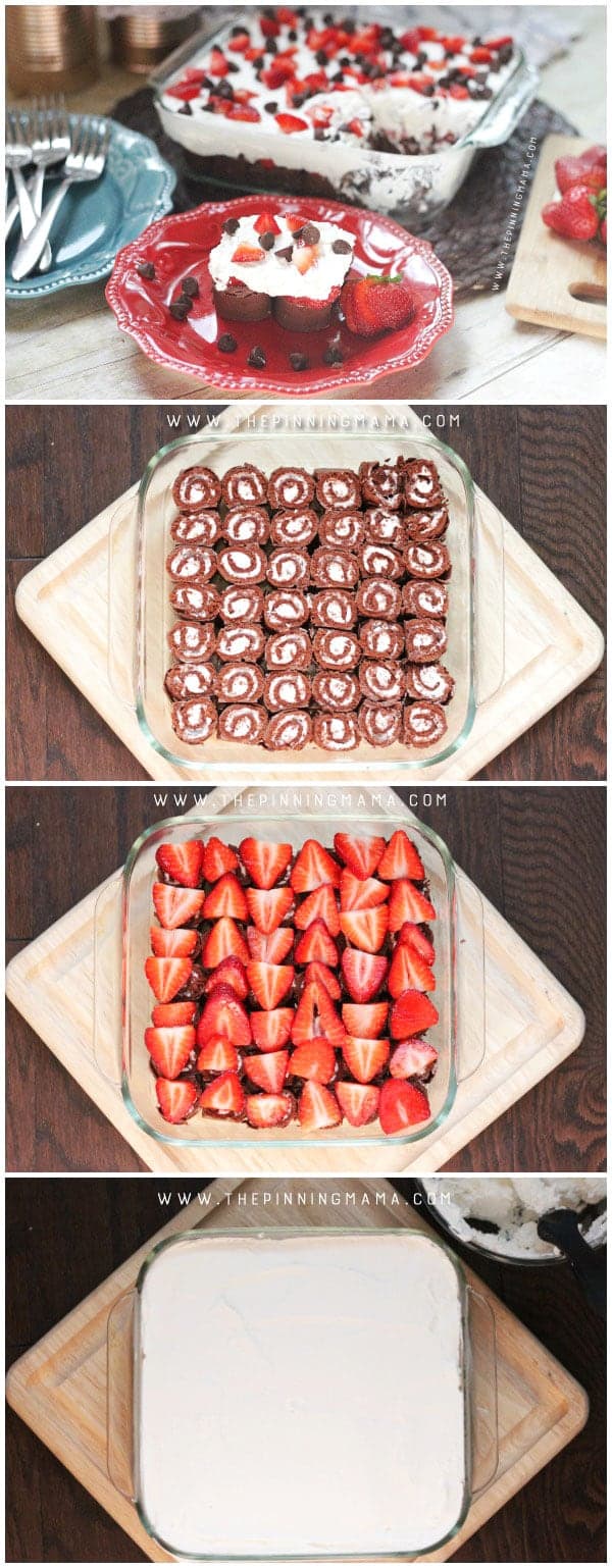 Making this no bake chocolate strawberry cream cake couldn't be easier! 4 ingredients and no oven required! Perfect dessert to make ahead for a party or take to a barbecue this summer!