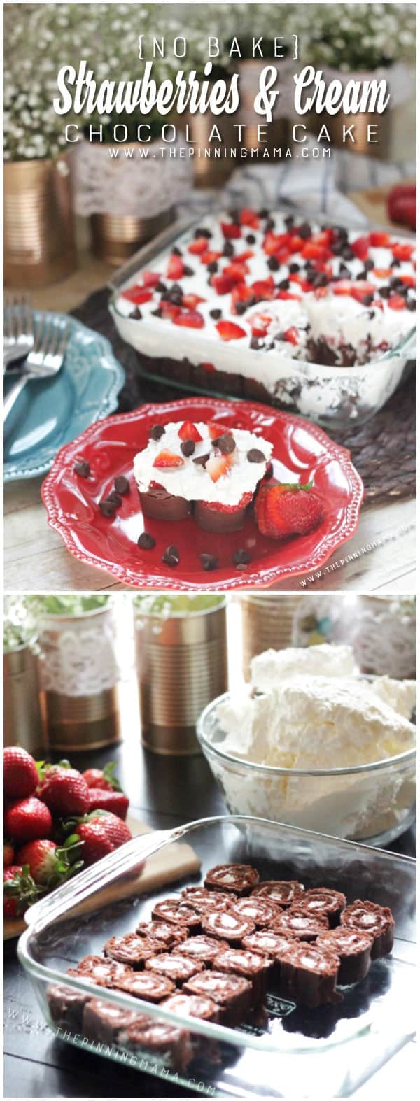 ONLY 3 INGREDIENTS!! No Bake Strawberries & Cream Chocolate Cake- Quick and easy dessert idea