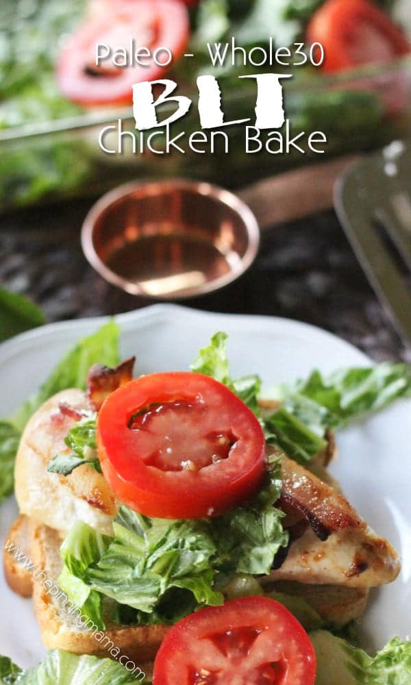 Quick + Easy + Healthy = Best dinner recipe EVER!!! BLT Chicken Bake Recipe - Quick and easy chicken dinner, so delicious AND Paleo + Whole30 compliant recipe. Tender chicken, rich bacon, crisp lettuce, and thick juicy tomatoes, it doesn't get much better than that! I love it when I can find quick recipes because so many seem to take hours to get onto the table! Dairy free, grain free low carb dinner idea!