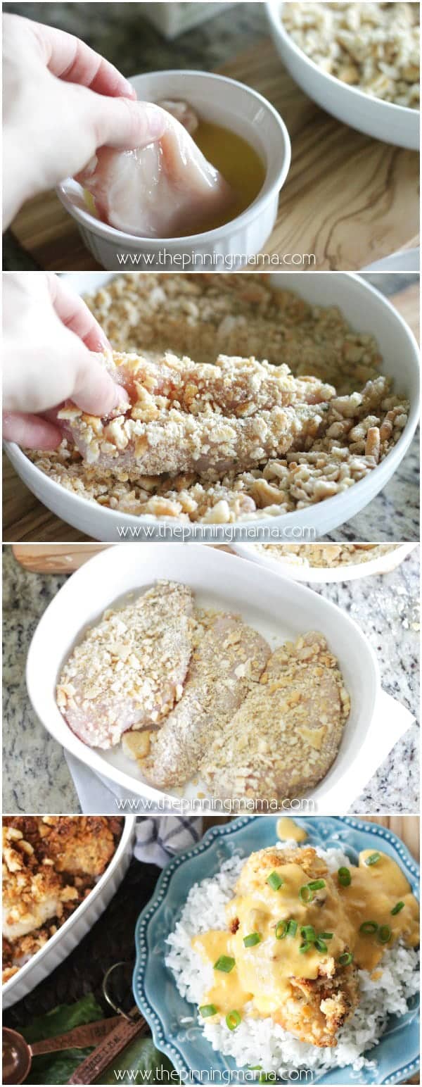 How to make oven fried chicken with cracker crumbs - This easy one dish ranch baked chicken is the PERFECT dinner! It is quick, easy, and everyone loves it! The chicken is coated in ranch flavored cracker crumbs and baked to perfection in a casserole dish. The chicken is tender and juicy and the cracker crust topping is crispy and flavorful. It is like grown up fried chicken!