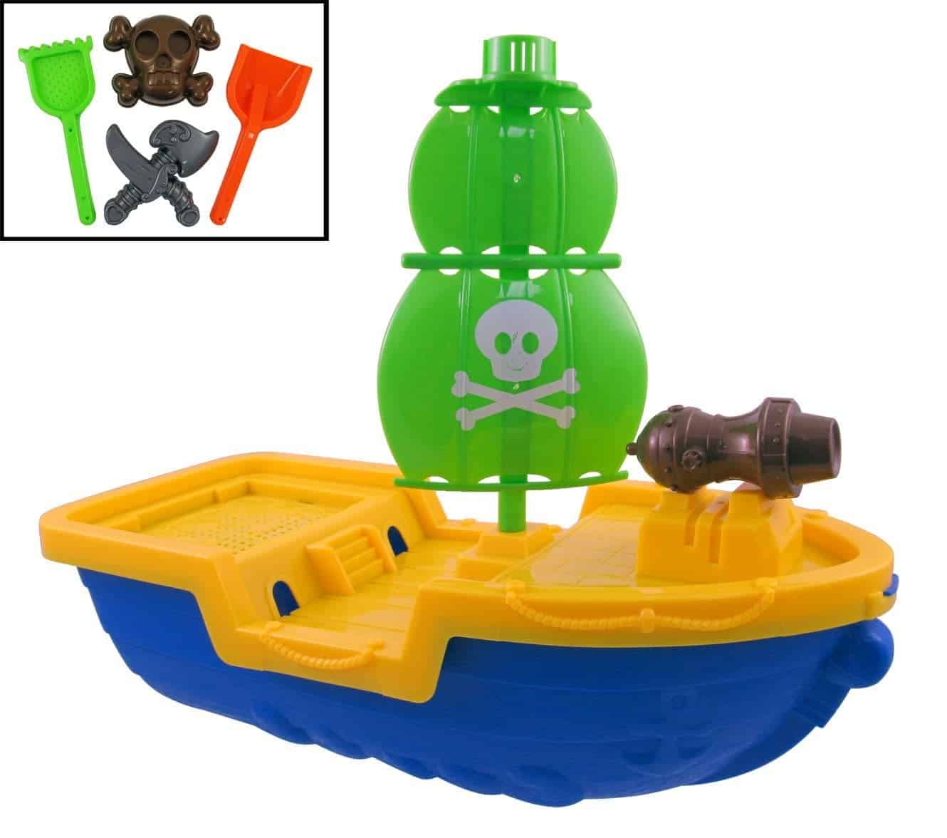 10+ Best Games and Toys for a Fun Day at the Beach: Pirate Ship Beach Toy Set| www.thepinningmama.com