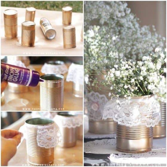 This STUNNING shabby chic tablescape is SO EASY to make! In just a few minutes you can have a gorgeous vintage inspired centerpiece ready for your table. I love the gold and lace together!