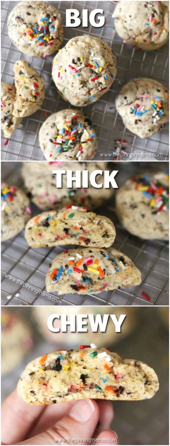 Soft + Thick + Chewy = PERFECT COOKIE RECIPE! These are stuffed with oreos and sprinkles and are FANTASTIC!!