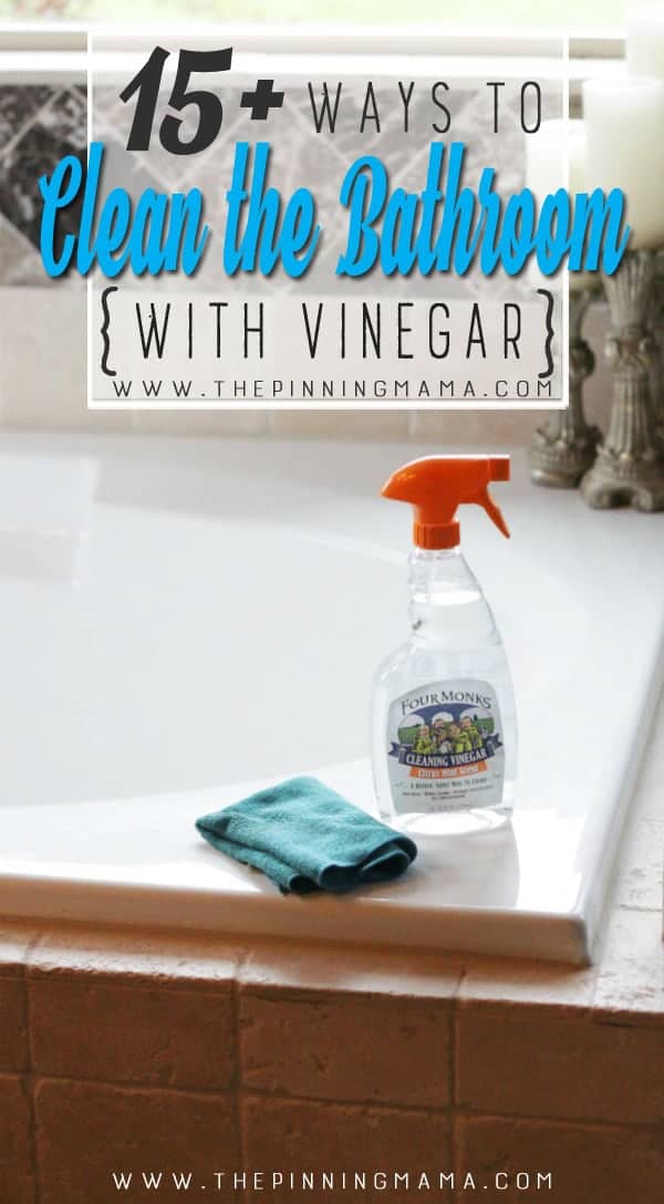 Great list of ways to clean the bathroom with vinegar! Vinegar helps break down mold, mildew, and hard water stains so it makes a great natural cleaner for the bathroom!