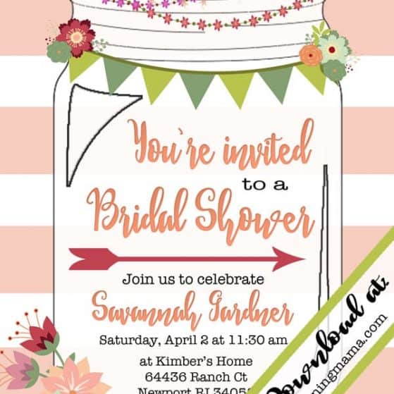 Free template for a mason jar invitation - perfect for a southern or rustic themed bridal shower, baby shower or even a casual wedding! Just add your information to the blank invite to customize it for your occasion. So cute!!