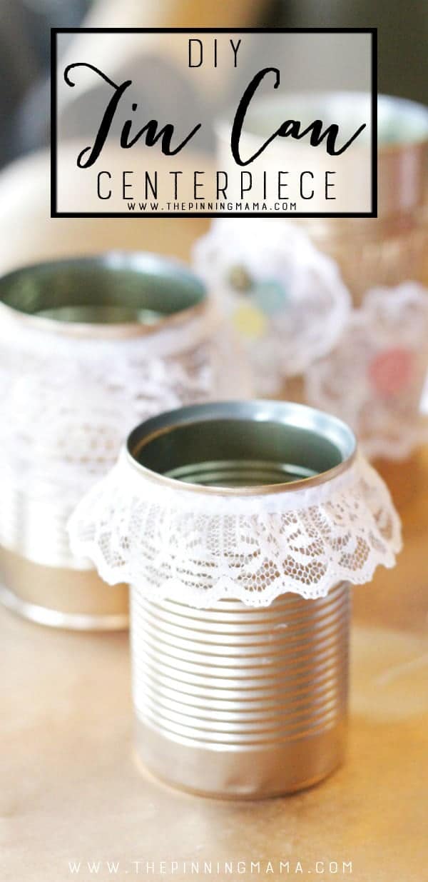 Easy Shabby Chic Gold Tin Can Decorations for weddings, baby showers, or banquets. This is a cheap and easy way to decorate a lot of space and looks STUNNING!