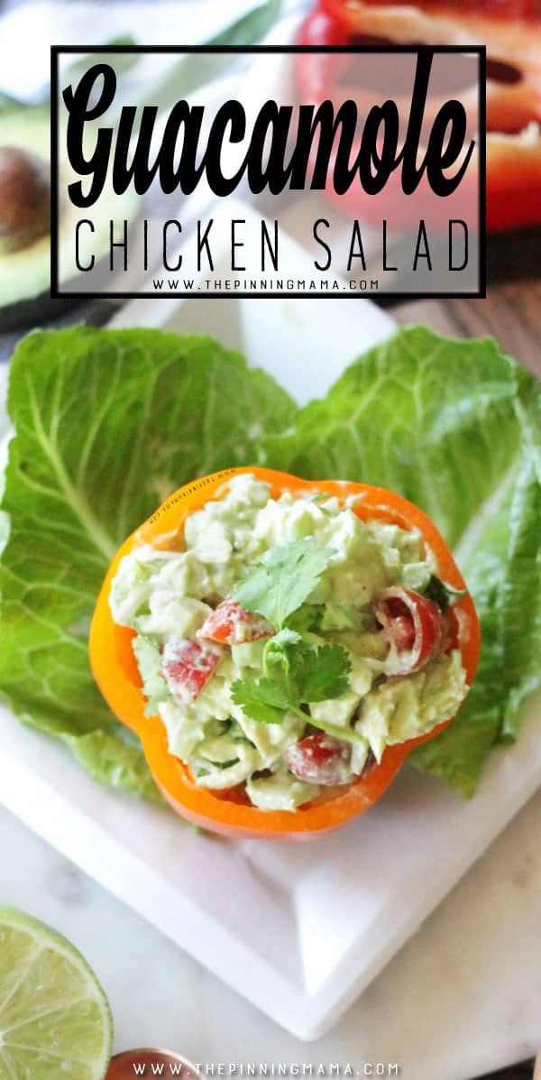 If you are a guacamole lover you can't miss this recipe! Guacamole Chicken Salad combines everything delicious from your favorite appetizer into creamy chicken salad to make it a fantastic easy lunch idea!