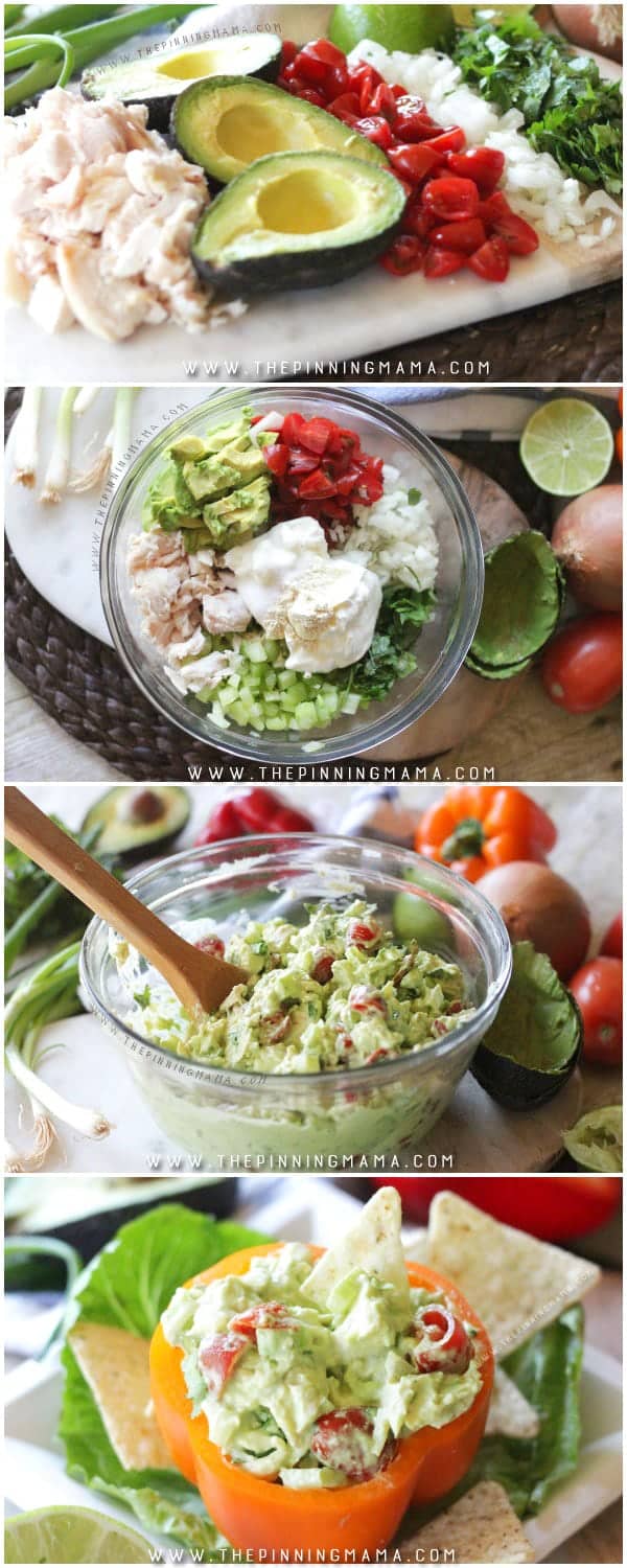 Guacamole Chicken Salad Recipe- If you love guacamole, you will love this lunch idea! Creamy avocado, zesty cilantro, and tangy lime all make this pretty much the best easy meal ever!