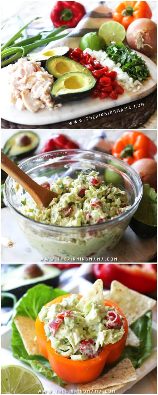 If you LOVE Guacamole, you can't miss this recipe! Guacamole Chicken Salad combines everything delicious from your favorite appetizer into creamy chicken salad to make it a fantastic easy lunch idea!