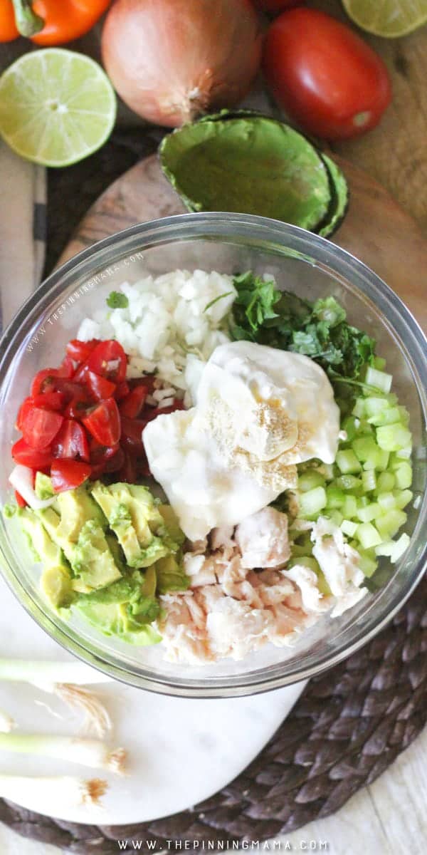 Guacamole Chicken Salad Recipe - This is EPIC! Perfect as an appetizer idea for watching football or to pack in a lunch box. You can literally make this for anything!