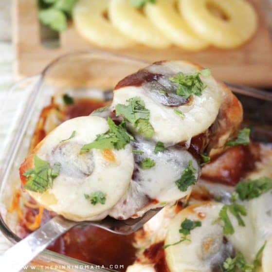 Easy + Healthy Dinner Idea - Hawaiian Chicken Bake recipe. Combine BBQ sauce, pineapple and cheese over chicken in this healthy dinner recipe