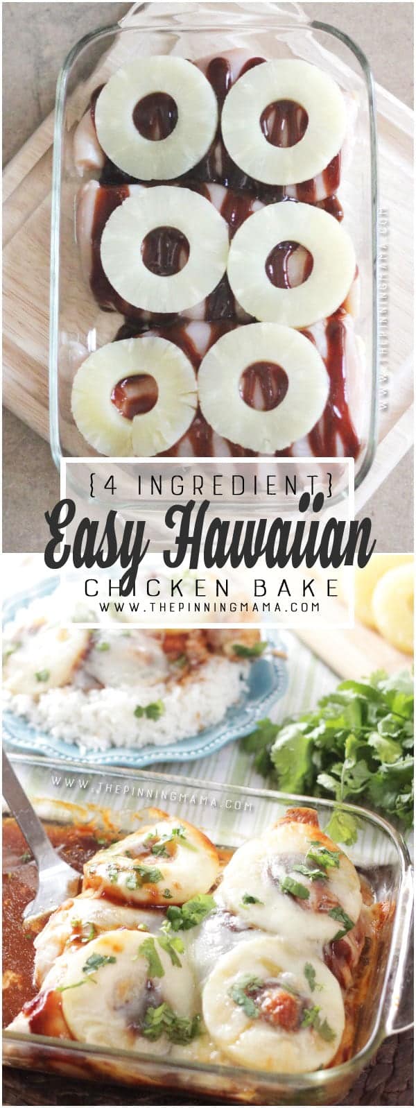 This is CRAZY delicious! And so easy and healthy for dinner! Hawaiian Chicken Bake recipe. Sweet & tangy BBQ sauce, pineapple, and cheese all baked over chicken. YUM!