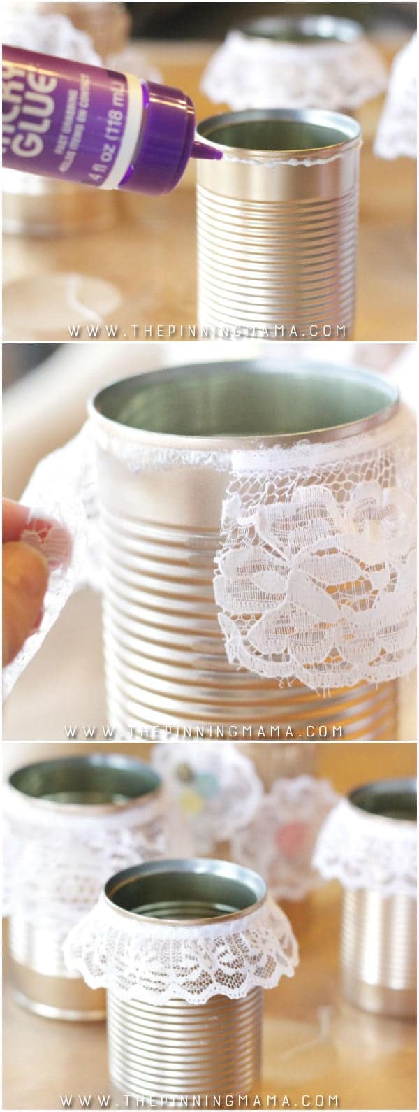 Add lace to in cans for affordable and really cute shabby chic decor!  Such an easy craft idea!