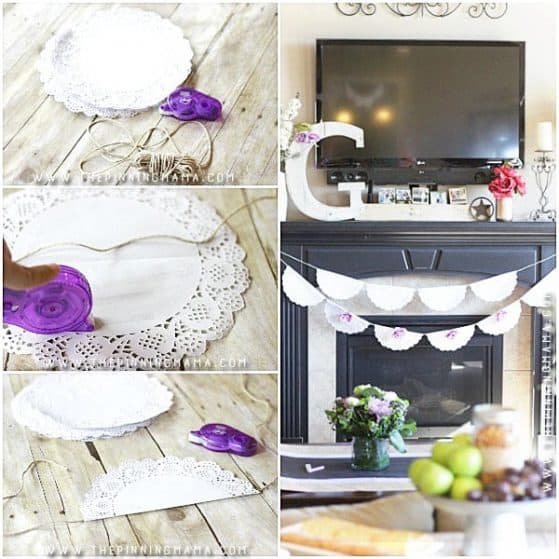 This shabby chic doily garland is simple, beautiful and is so easy to make you only need 3 things and 10 minutes to have one finished and done! They are the perfect decoration for a vintage or shabby chic baby shower, bridal shower, or wedding!