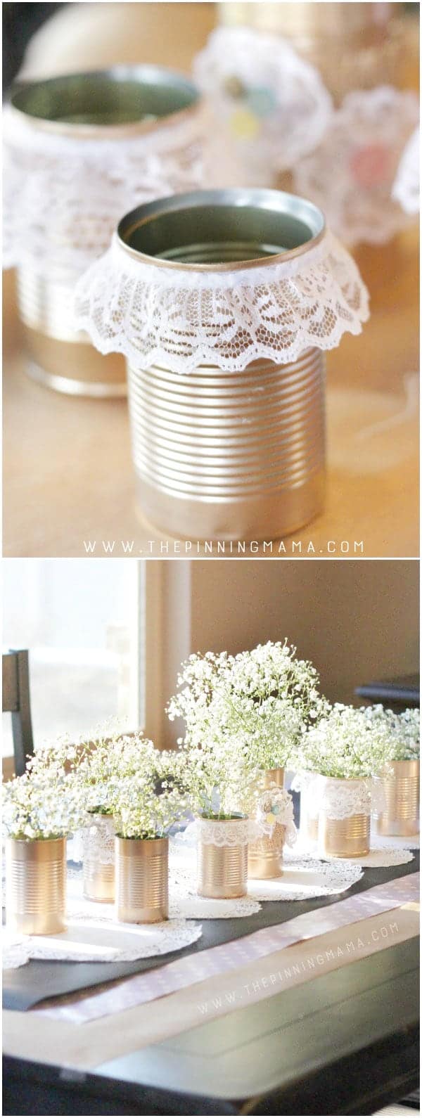 Gold and Lace Tin Can Table Centerpiece - How beautiful would this be for a vintage wedding or a shabby chic baby shower or bridal shower?  This is an easy to make craft idea that turns into stunning decor!