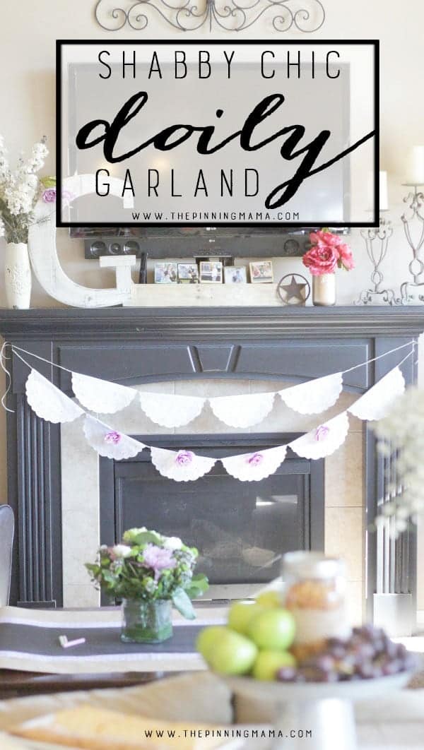 DIY Shabby Chic Doily Banner -Perfect easy DIY decor for vintage or shabby chic themed weddings, bridal shower, baby shower, or birthday party.  The simple white doilies make it perfect to match any colors or theme and it is quick and easy craft idea to make!