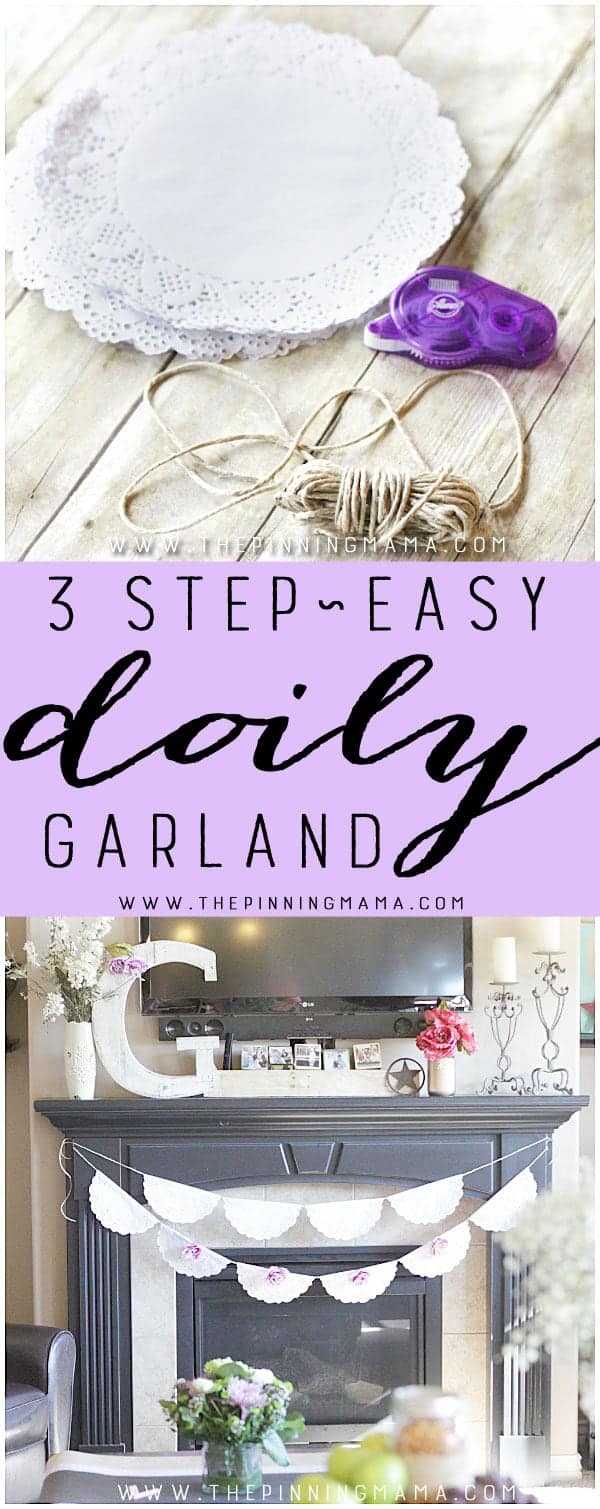 This shabby chic doily garland is simple, beautiful and is so easy to make you only need 3 things and 10 minutes to have one finished and done! They are the perfect decoration for a vintage or shabby chic baby shower, bridal shower, or wedding!