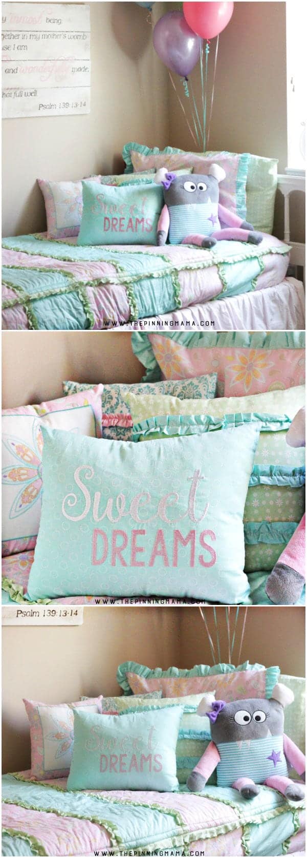 I absolutely love the details on this bedding for a shabby chic girls room! There are ruffles, embroidery, and all sorts of perfect details on it!
