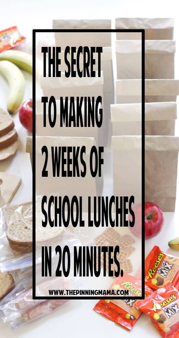 The SECRET to making 2 weeks of school lunches in 20 minutes! Genius! I can totally do this with my kids and it makes the mornings so much quicker and easier! What a great hack!The SECRET to making 2 weeks of school lunches in 20 minutes! Genius lunch idea! I can totally do this with my kids and it makes the mornings so much quicker and easier! What a great hack!