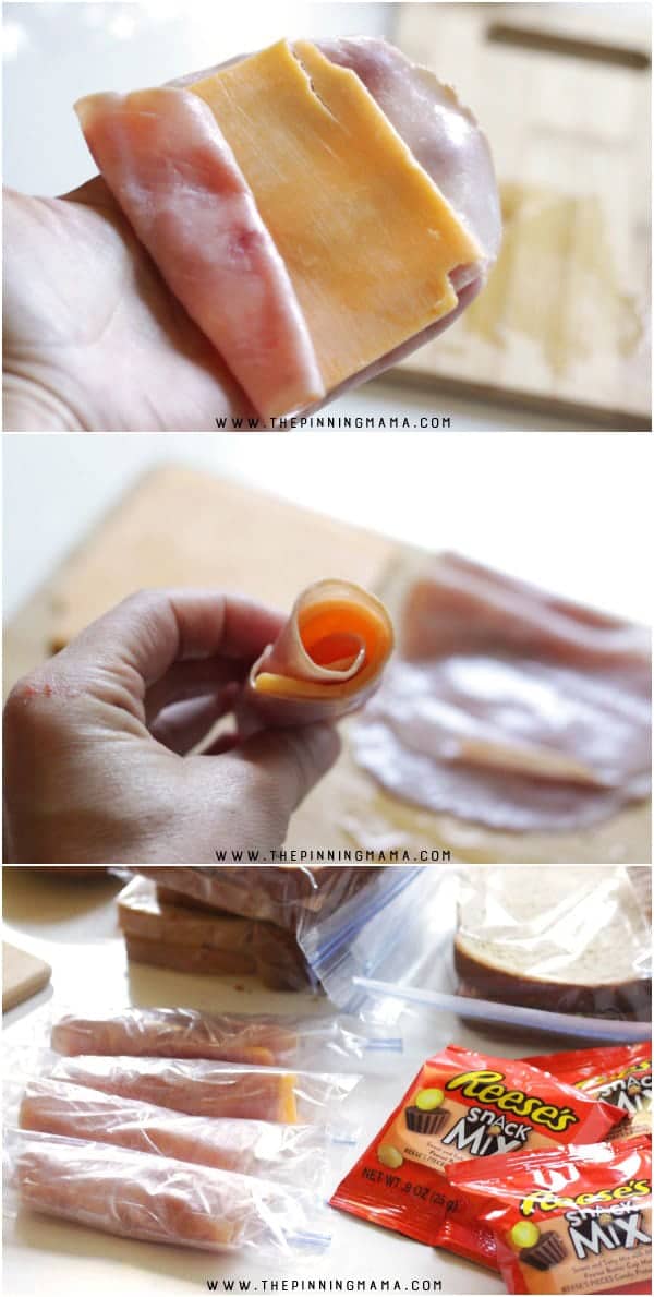 How to make freezer ham and cheese roll ups - sub any meat or cheese your kids like. Make a bunch in advance and have an easy lunch for kids each day. Great idea for school lunch or snack