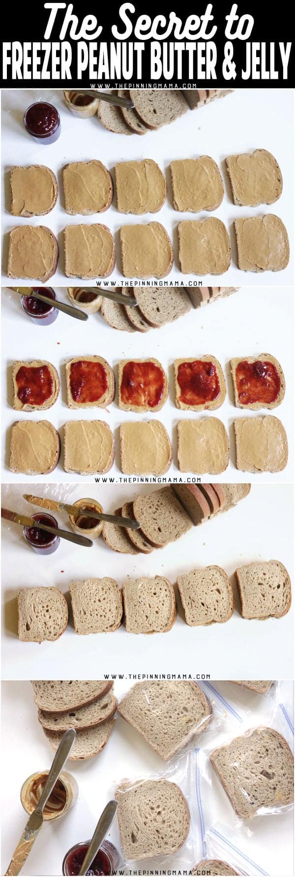 How to make freezer peanut butter and jelly sandwiches so they aren't soggy!! Great for prepping a weeks worth of lunches at a time to save time and stress in the mornings! I can do this for school and work lunches!