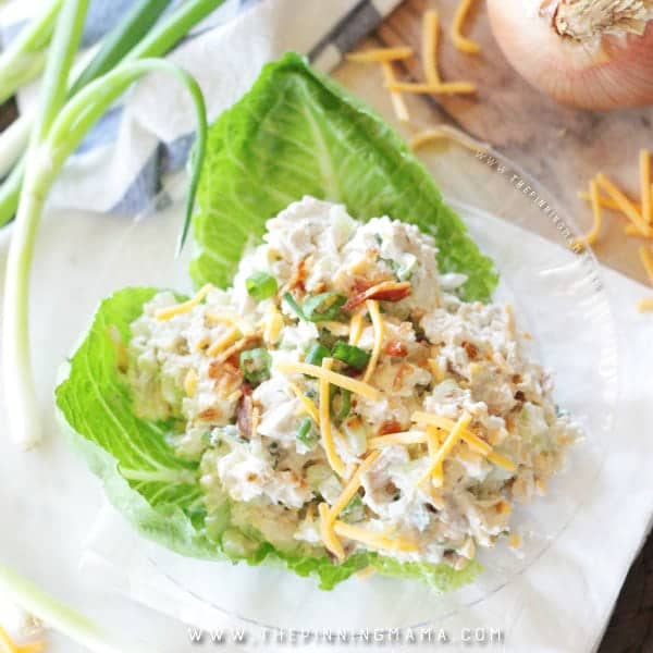 Close up highlighting the garnish on this chicken salad showing cheese and chives and bacon