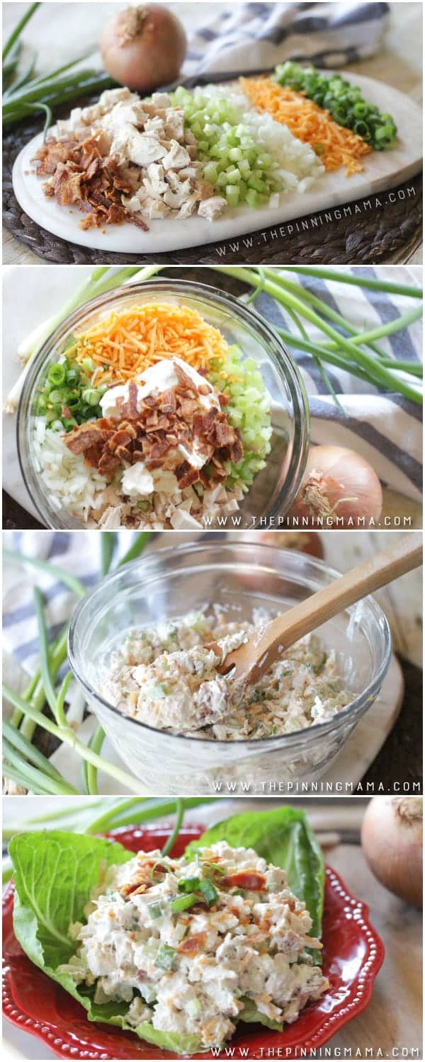 loaded chicken salad ingredients mixed in bowl then shown served on a lettuce wrap