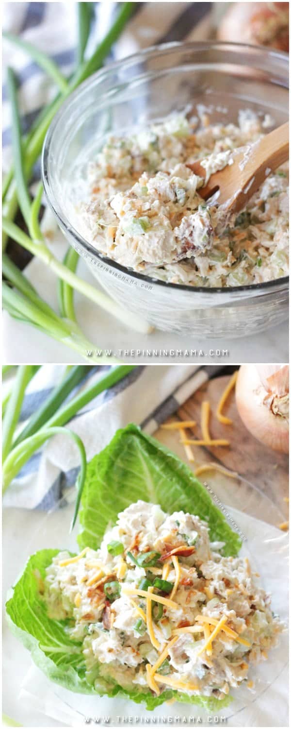 Mixed and ready to serve Creamy Chicken salad in a mixing bowl with wooden spoon