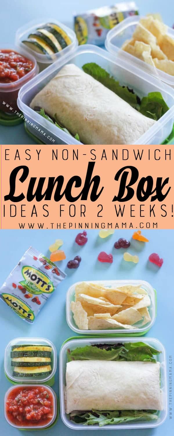 Bean & Cheese Burrito Lunch box idea - Just one of 2 weeks worth of non-sandwich school lunch ideas that are fun, healthy, and easy to make! Grab your lunch bag or bento box and get started!