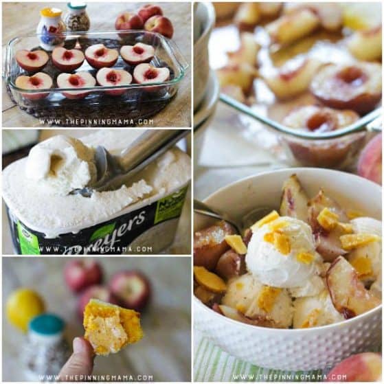 Roasted White Peaches with Honeycomb and Vanilla Ice Cream