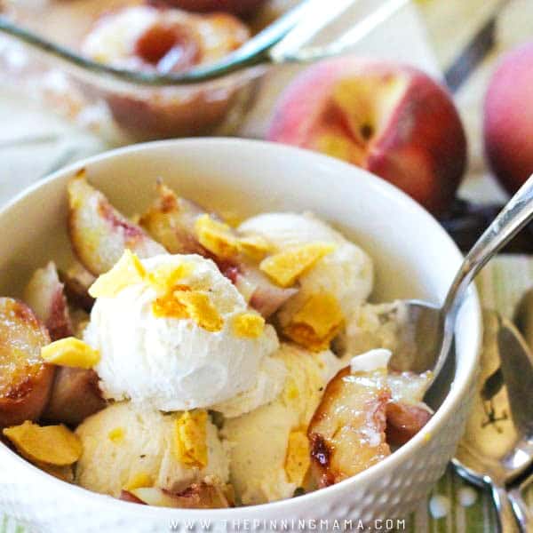 Roasted White Peaches with Honeycomb and Vanilla Ice Cream