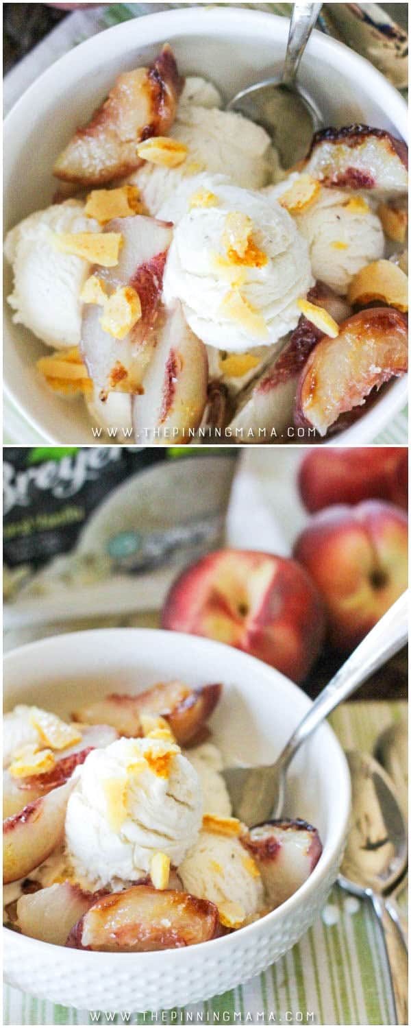 Roasted White Peaches with Honeycomb and Vanilla Ice Cream