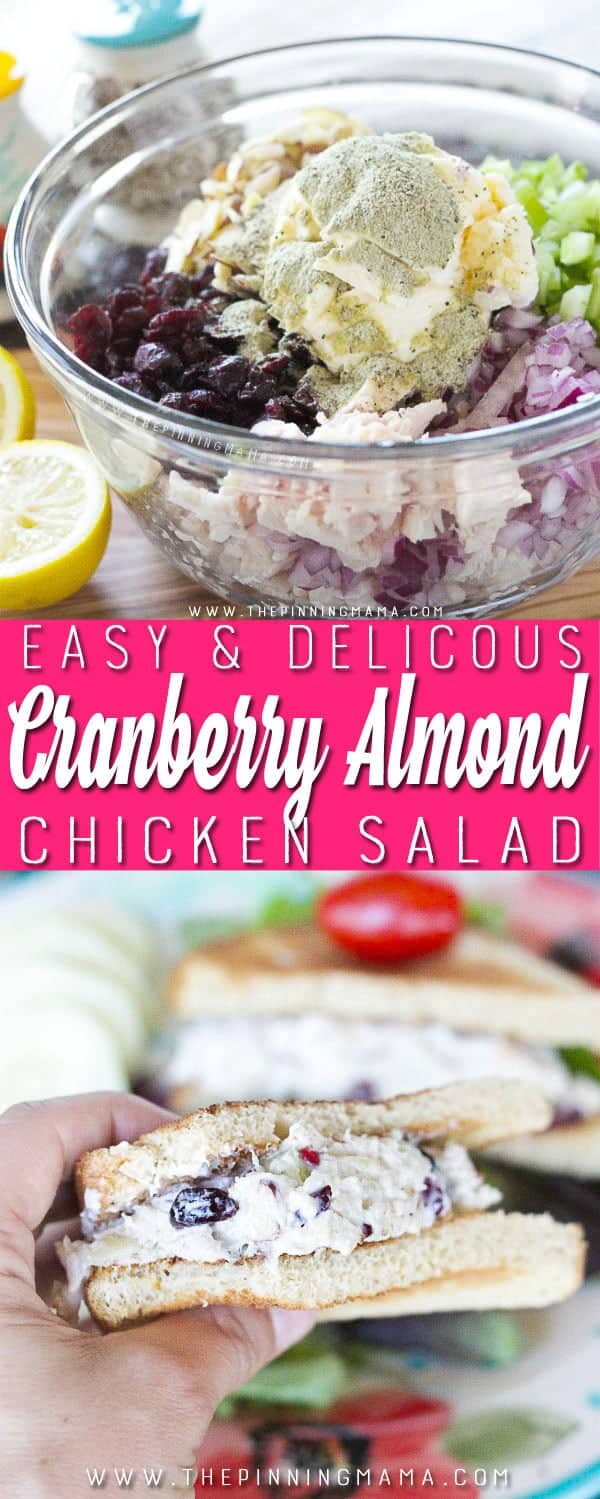 My go to chicken salad recipe! Cranberry Almond chicken salad is a classic recipe that people just love! It is perfect for a brunch, bridal or baby shower, and something that you might just want to keep in the fridge for lunch every day!